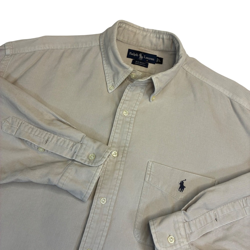 Ralph Lauren Big Shirt Mens Large Tan Corduroy Long Sleeve Button Down Pony Logo